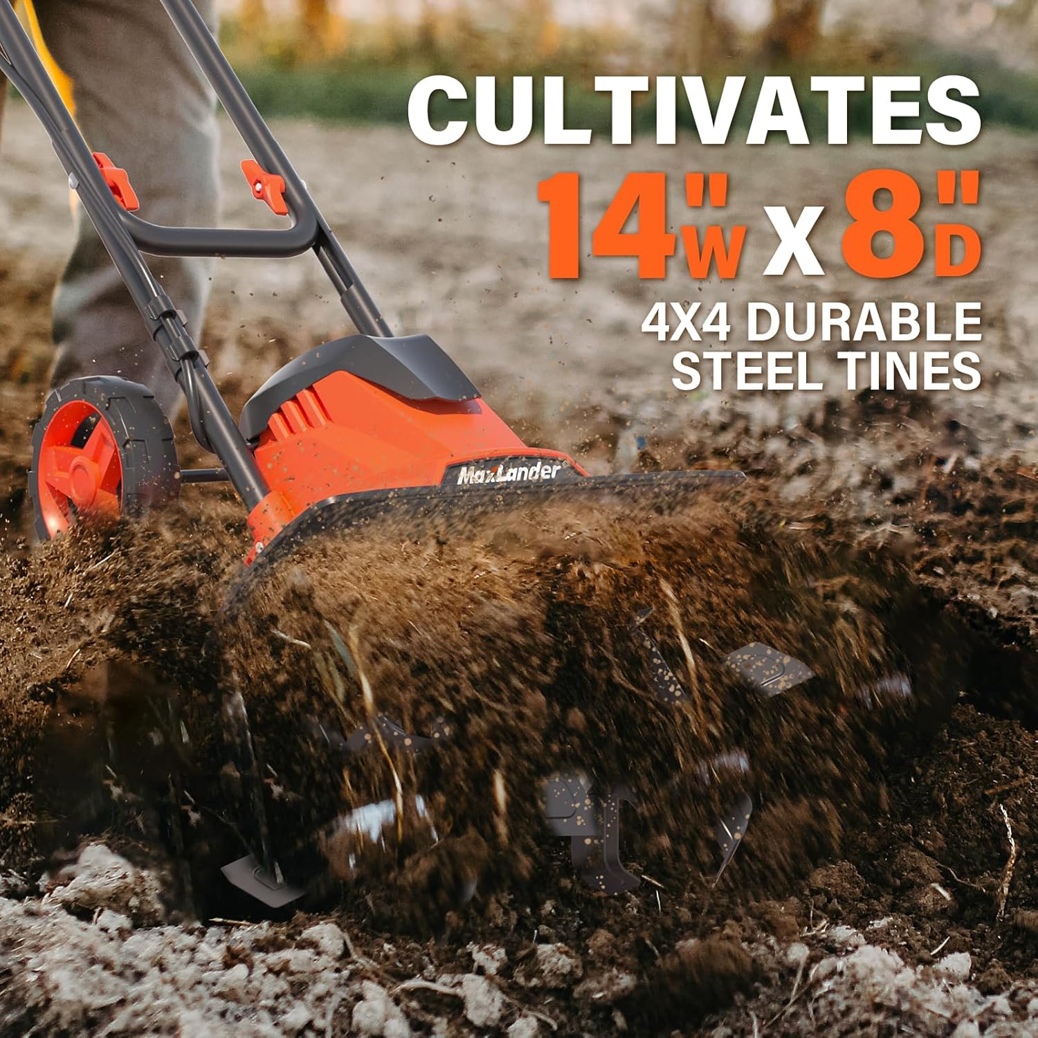 MAXLANDER 14in 12A Corded Electric Garden Tiller Cultivator, Foldable Handle, 4 Steel Tines & Wheels, Rototiller for Lawn Yard Soil Cultivation