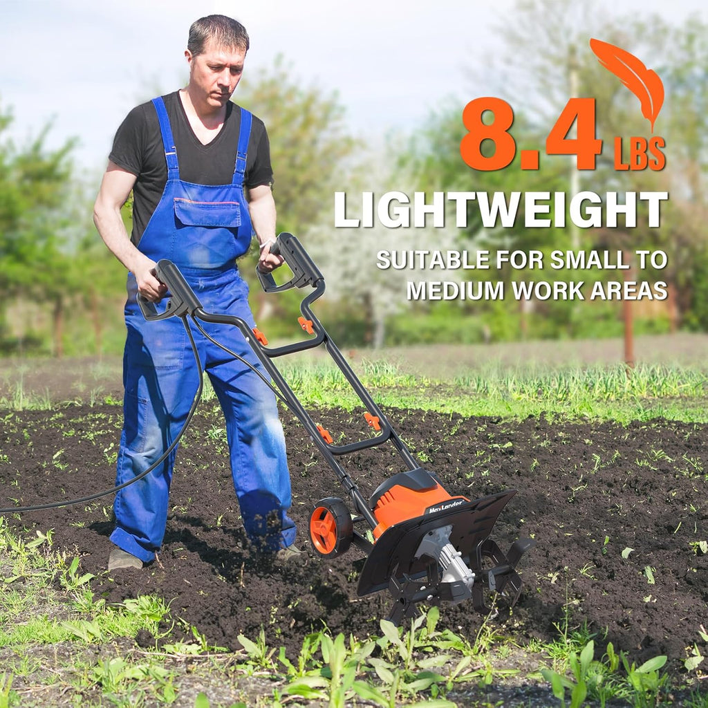 MAXLANDER 14in 12A Corded Electric Garden Tiller Cultivator, Foldable Handle, 4 Steel Tines & Wheels, Rototiller for Lawn Yard Soil Cultivation