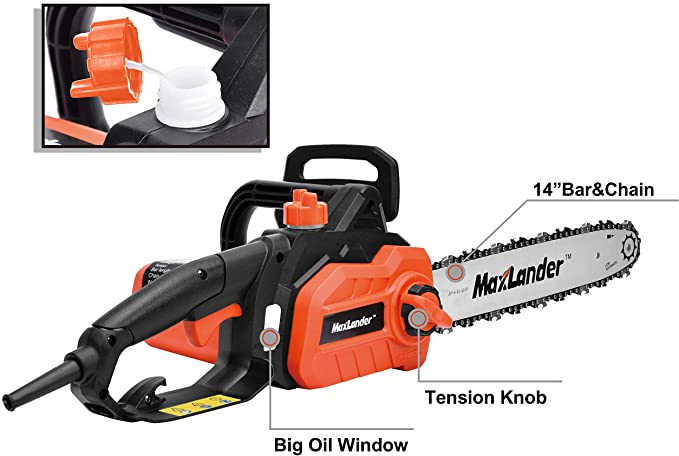 N/N MAXLANDER Electric Chain Saw, 9Amp Corded Chainsaw, 15m/s with 14 Inch  Chain and Bar, Light Weight Multi Angle Fast Cut Powerful High Efficiency